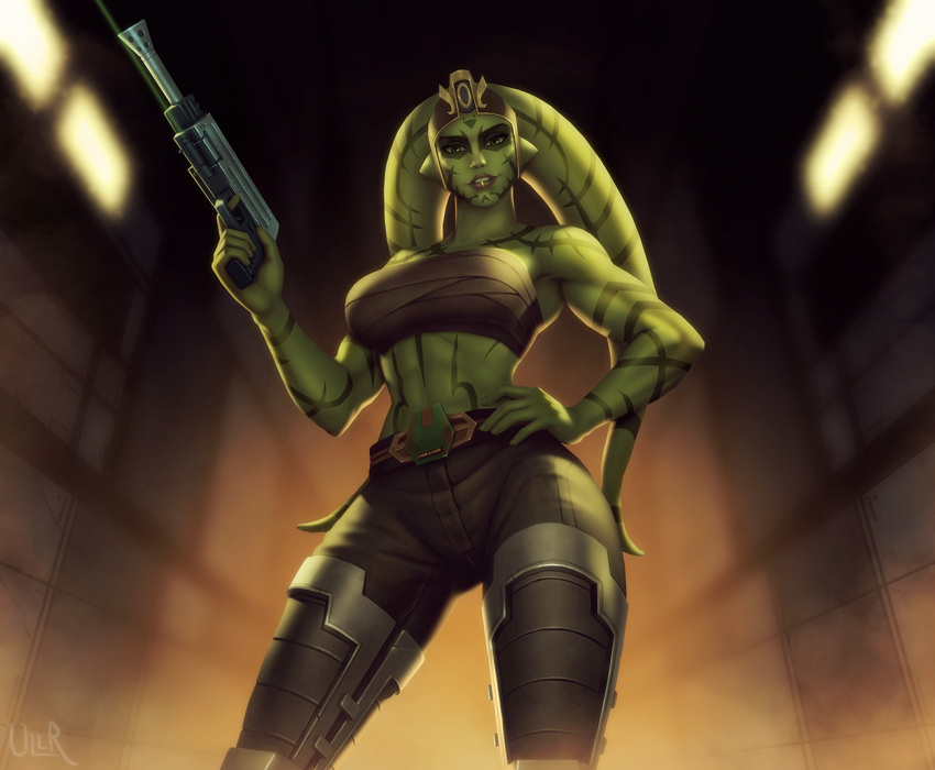 1girl abs alien arm_tattoo breasts brown_pants chest_sarashi colored_skin facial_tattoo green_skin gun hand_on_own_hip holding holding_gun holding_weapon indoors large_breasts lekku_(anatomy) lip_ring looking_at_viewer muscular muscular_female navel pants saleen_jarvik_(ivynotorious) sarashi shoulder_tattoo solo star_wars star_wars:_the_old_republic tattoo twi'lek ullr weapon