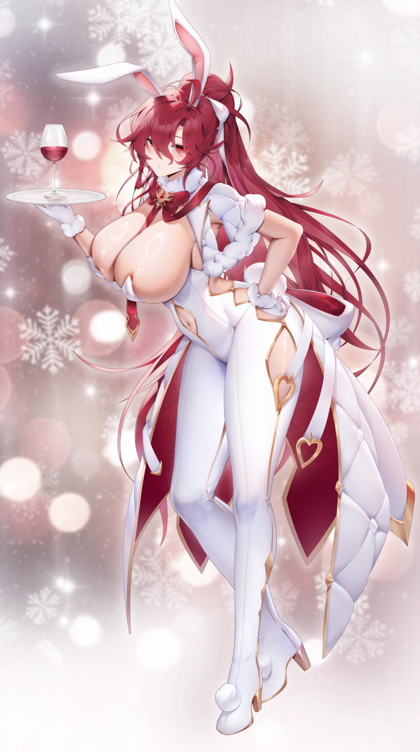 1girl absurdres alternate_costume animal_ears been bodysuit boots breast_cutout breasts clothing_cutout commentary cup drinking_glass elesis_(elsword) elsword fake_animal_ears from_side gloves hair_between_eyes hand_on_own_hip high_heel_boots high_heels highres hip_vent holding holding_tray huge_breasts leaning_forward looking_at_viewer navel_cutout rabbit_ears red_eyes red_hair red_wine solo symbol-only_commentary tray undersized_breast_cup white_bodysuit white_footwear white_gloves wine_glass
