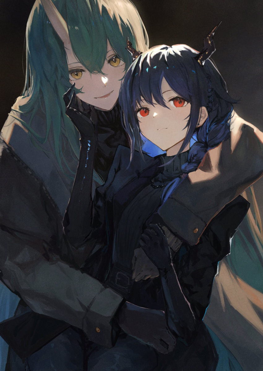 2girls arknights black_gloves black_shirt blue_coat blue_hair braid ch'en_(arknights) closed_mouth coat commentary dragon_girl dragon_horns earrings elbow_gloves gloves green_hair hair_between_eyes highres horns hoshiguma_(arknights) hug jewelry kissshotmagia long_hair long_sleeves looking_at_viewer multiple_girls necklace oni_horns open_clothes open_coat open_mouth red_eyes shirt single_horn skin-covered_horns stud_earrings teeth yellow_eyes yuri