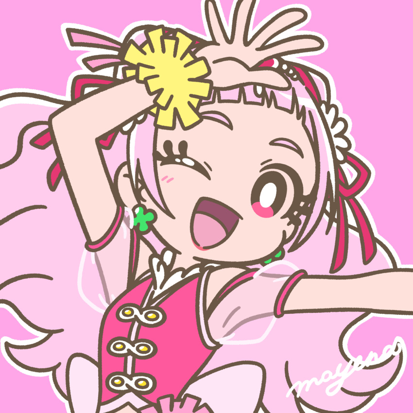 1girl ;d arm_up asymmetrical_bangs blush bright_pupils clover_earrings cone_hair_bun cure_yell detached_sleeves double_bun earrings eyelashes flower hair_bun hair_flower hair_ornament hair_ribbon highres hugtto!_precure jewelry lipstick long_hair looking_at_viewer magical_girl makeup mayena nono_hana one_eye_closed open_mouth outline pink_background pink_eyes pink_hair pink_lips precure ribbon see-through see-through_sleeves short_sleeves signature simple_background smile solo upper_body white_outline white_pupils