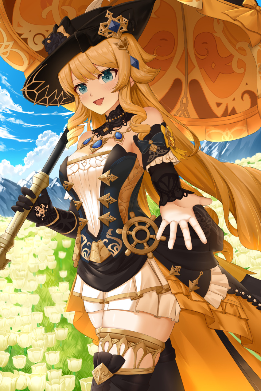 1girl :d absurdres bare_shoulders black_gloves black_headwear blonde_hair blue_eyes blue_sky breasts cloud commentary_request cowboy_shot day flower genshin_impact gloves highres holding holding_umbrella long_hair looking_at_viewer medium_breasts navia_(genshin_impact) open_mouth reaching reaching_towards_viewer sky skym_(kumei) smile solo standing thighhighs thighs umbrella very_long_hair white_flower