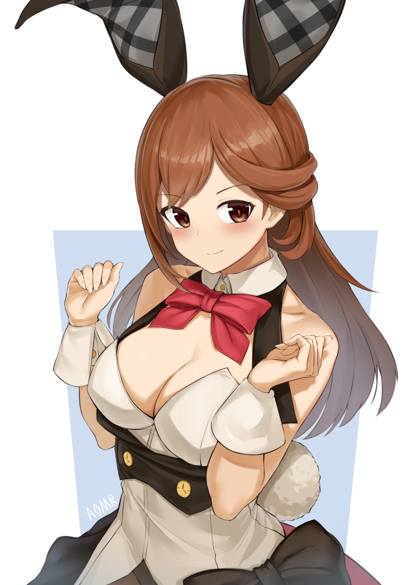 1girl alice_gear_aegis animal_ears aomoro blush bow breasts brown_eyes brown_hair cleavage closed_mouth collar detached_collar highres large_breasts leotard long_hair looking_at_viewer playboy_bunny rabbit_ears rabbit_tail red_bow smile solo strapless strapless_leotard tail usamoto_anna vorpal_bunny white_collar white_leotard wrist_cuffs