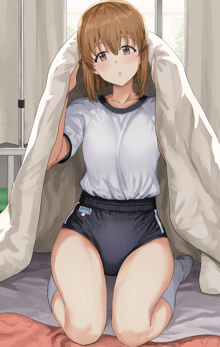 1girl blue_buruma breasts brown_eyes brown_hair buruma full_body gym_shirt gym_uniform hagiwara_yukiho hair_between_eyes highres idolmaster idolmaster_(classic) lifting_covers light_blush looking_at_viewer parted_lips seiza shirt short_hair short_sleeves sitting socks solo thighs tsurui white_shirt white_socks