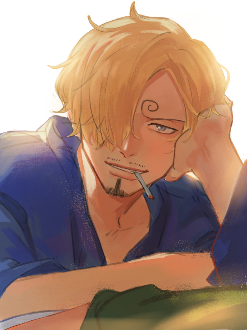 1boy absurdres bishounen blonde_hair blue_eyes cigarette curly_eyebrows facial_hair hair_over_one_eye highres holding holding_cigarette jennyandloiryan male_focus one_piece sanji_(one_piece) scar smile smoking