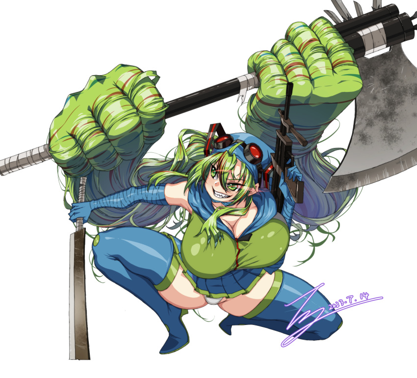 absurdly_long_hair arm_wrap assault_rifle axe bandaged_neck bandages battle_axe blue_footwear blue_hair blue_headwear blue_skirt boots breasts bullpup cleavage commentary commission crossover dated english_commentary eye_trail finger_on_trigger full_body goggles goggles_on_head green_eyes green_hair green_vest grin gun hair_ornament hand_wraps hank_miku hatsune_miku high_heel_boots high_heels highres holding holding_gun holding_sword holding_weapon huge_breasts l85 large_breasts light_trail long_hair looking_to_the_side machete madness_combat multicolored_hair original panties pantyshot pixiv_commission pleated_skirt prehensile_hair rantia red-tinted_eyewear red_hair red_pupils rifle sharp_teeth signature simple_background skindentation skirt smile squatting streaked_hair sword teeth thick_thighs thigh_boots thighs tinted_eyewear triple_wielding underwear very_long_hair vest vocaloid weapon white_background white_panties zipper_pull_tab