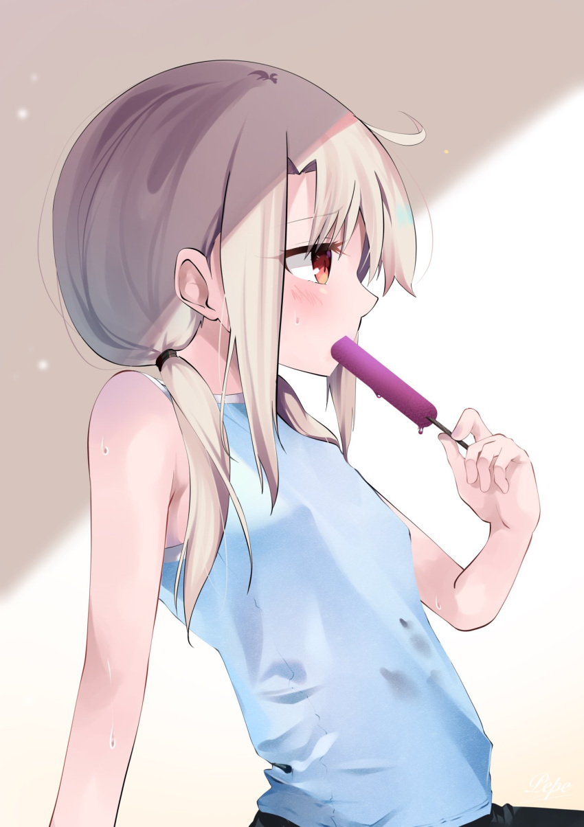 1girl bare_shoulders blue_tank_top blush breasts eating fate/kaleid_liner_prisma_illya fate_(series) food highres illyasviel_von_einzbern long_hair low_twintails pei_iriya popsicle red_eyes sidelocks small_breasts solo tank_top twintails white_hair