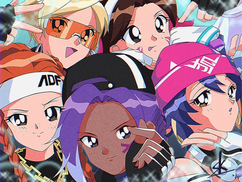 1990s_(style) 5girls backwards_hat beanie black_hair blonde_hair blue_hair brigitte_(overwatch) brown_hair chain_necklace d.va_(overwatch) fingerless_gloves gloves hand_gesture hat headband headphones headphones_around_neck heart heart_hands highres jewelry kiriko_(overwatch) le_sserafim multiple_girls necklace overwatch overwatch_2 pink_beanie purple_hair retro_artstyle sk_(sk-jp) sombra_(overwatch) tracer_(overwatch) white_headband