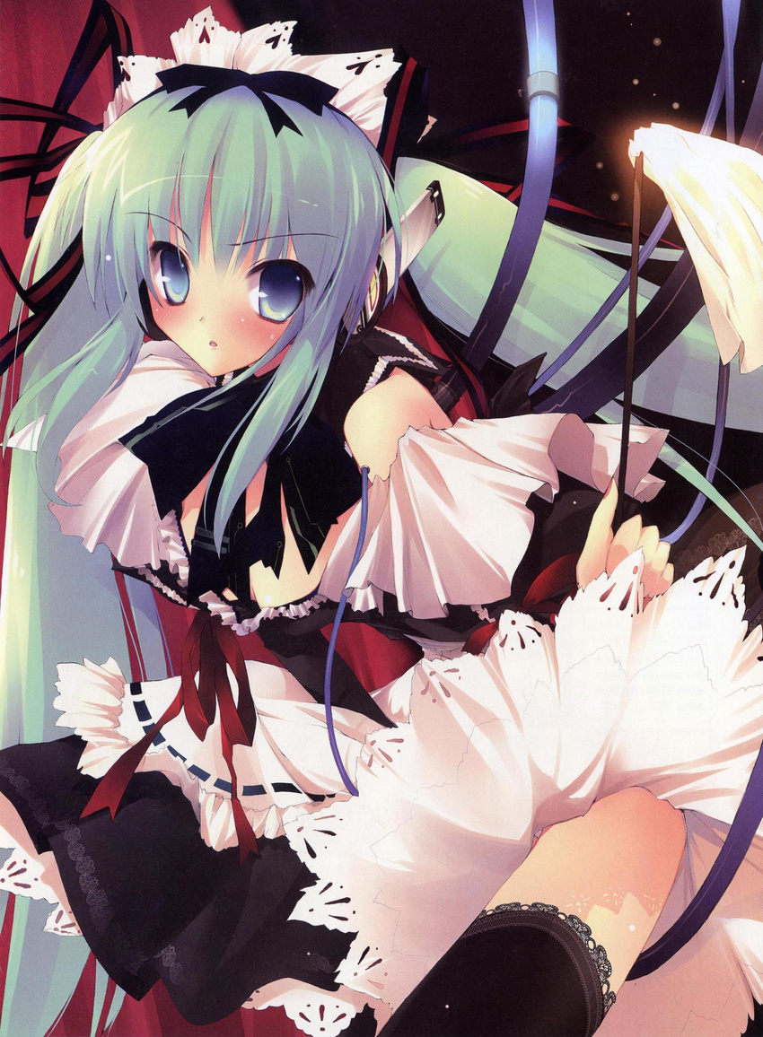 absurdres blue_eyes blush copyright_request green_hair highres karory long_hair maid solo thighhighs twintails