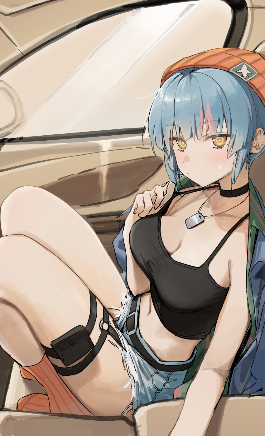 1girl absurdres bare_arms bare_shoulders belt belt_buckle black_belt black_camisole black_survival blue_hair blue_jacket breasts buckle camisole car_interior character_request cleavage closed_mouth denim denim_shorts dog_tags eternal_return:_black_survival from_side highres holster jacket jacket_on_shoulders knees_up large_breasts looking_at_viewer midriff navel orange_headwear orange_socks ribbed_socks short_hair short_shorts shorts socks solo syhan symbol-shaped_pupils thigh_holster thighs yellow_eyes