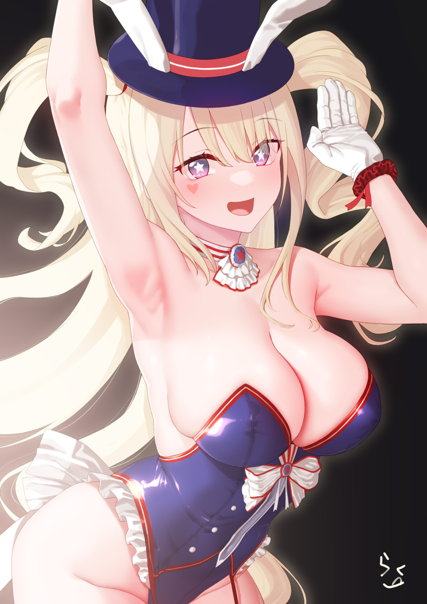 1girl absurdres animal_ears armpits azur_lane black_background blonde_hair blue_headwear blue_leotard breasts cleavage commentary_request detached_collar eyes_visible_through_hair fake_animal_ears frilled_leotard frills gloves gradient_eyes guam_(azur_lane) guam_(stage-setting_charmer)_(azur_lane) hair_between_eyes heart heart_tattoo highleg highleg_leotard highres large_breasts leotard looking_at_viewer multicolored_eyes official_alternate_costume open_mouth playboy_bunny prophecy_(rakuichimonji) purple_eyes rabbit_ears signature simple_background solo star-shaped_pupils star_(symbol) strapless strapless_leotard symbol-shaped_pupils tattoo undersized_breast_cup white_gloves