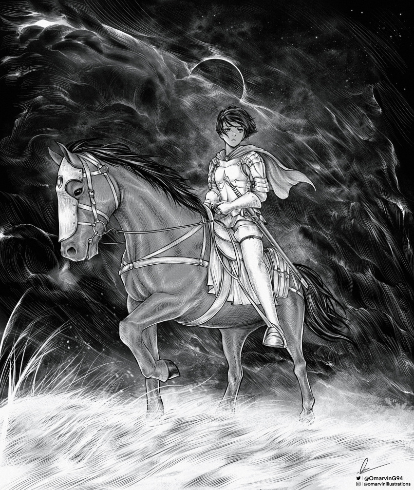 1girl absurdres armor berserk capelet casca_(berserk) commentary eclipse elbow_gloves gloves grass greyscale highres horse horseback_riding instagram_username marvin_(omarvin) monochrome riding saddle sheath sheathed short_hair signature sky solo star_(sky) starry_sky stirrups_(riding) sword tall_grass thighhighs twitter_username weapon wind