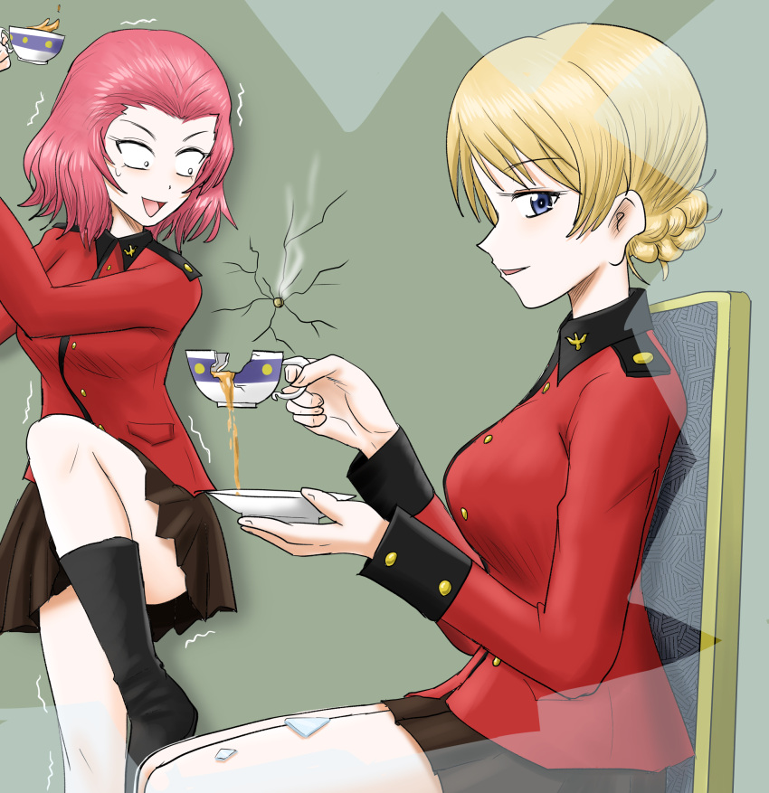 2girls black_footwear black_skirt blonde_hair blue_eyes boots braid broken_cup bullet_hole chair commentary constricted_pupils cup darjeeling_(girls_und_panzer) girls_und_panzer harukai-i highres holding holding_cup holding_saucer jacket leg_up long_sleeves looking_at_viewer medium_hair military_uniform miniskirt multiple_girls on_chair open_mouth pleated_skirt red_hair red_jacket rosehip_(girls_und_panzer) saucer sitting skirt smile spilling st._gloriana's_military_uniform standing standing_on_one_leg sweatdrop teacup trembling uniform