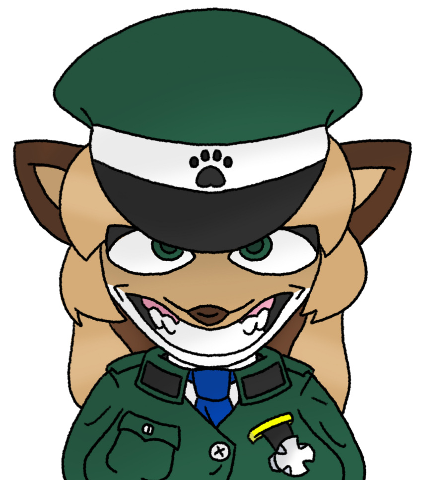 alpha_channel anthro averi_(fiddleafox) brown_body brown_fur canid canine clothing creepy_face creepy_smile female female_anthro fox fur green_clothing green_eyes hair hi_res looking_at_viewer mammal markings smile solo uniform unknown_artist white_body white_fur
