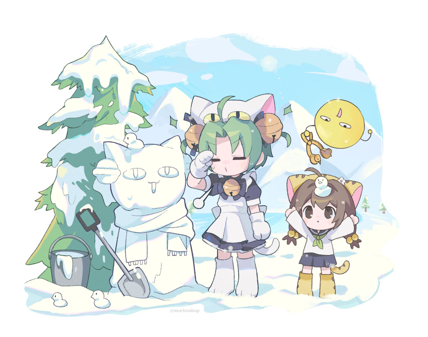 2girls animal_hat arms_up bell blue_sky bow bowtie brown_eyes brown_hair bucket cat_hat cat_tail dejiko di_gi_charat dress gema green_hair green_neckerchief hair_bobbles hair_intakes hair_ornament hat highres jingle_bell long_hair long_sleeves mittens morizo_(morizoshop) multiple_girls neckerchief outdoors pine_tree pleated_skirt puchiko puffy_short_sleeves puffy_sleeves purple_bow purple_bowtie purple_dress purple_skirt shirt short_sleeves shovel skirt sky snow snowman standing tail tree twitter_username v-shaped_eyebrows very_long_hair white_headwear white_mittens white_shirt white_tail yellow_tail
