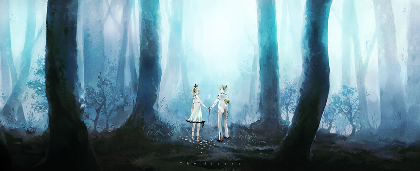 1girl bad_id bad_pixiv_id brother_and_sister dress flower forest highres holding_hands kagamine_len kagamine_rin kaninn light nature ribbon scenery siblings tree twins vocaloid