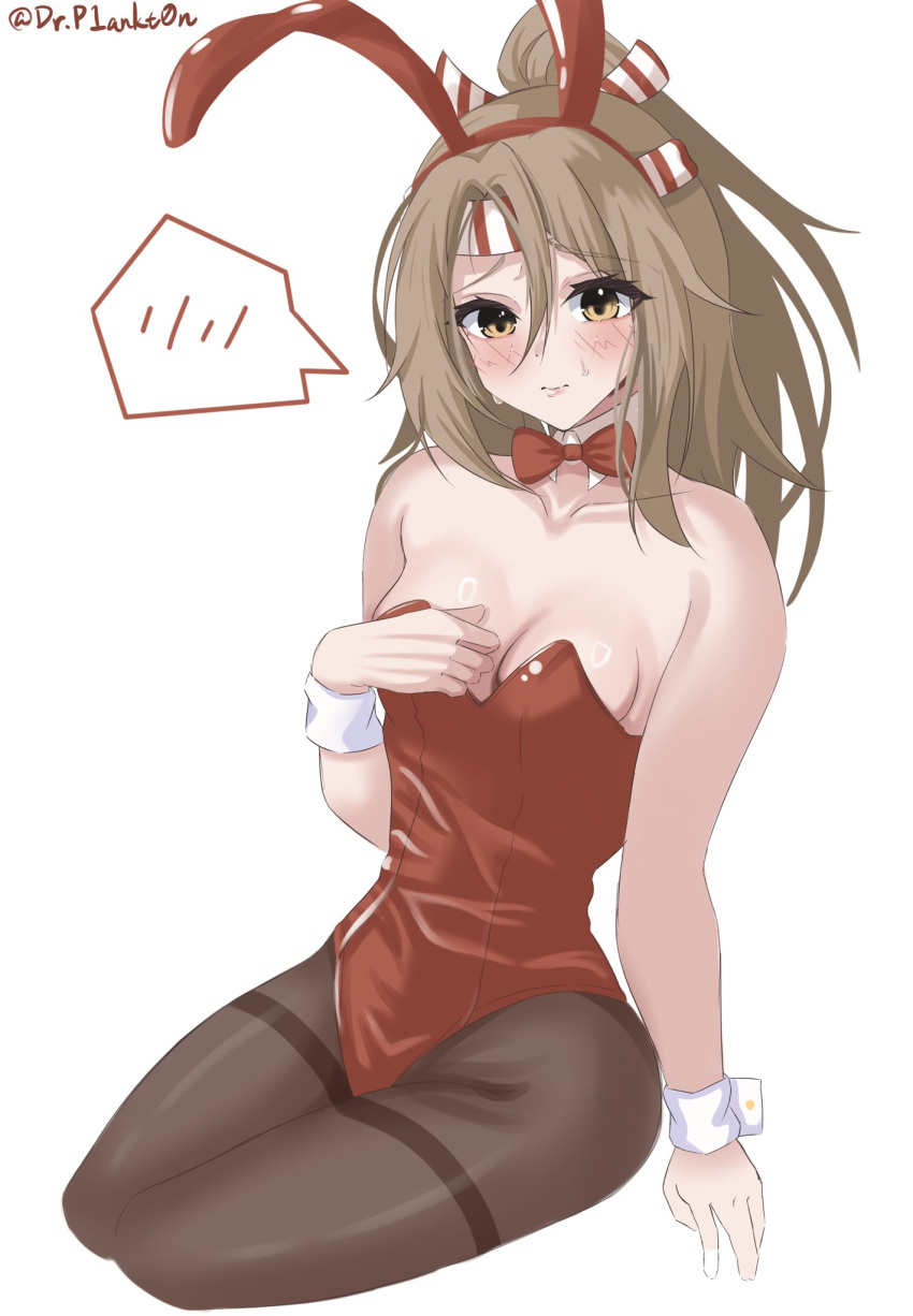 1girl alternate_costume animal_ears bare_shoulders blush bow bowtie breasts brown_eyes brown_pantyhose covered_navel detached_collar dr.plankton fake_animal_ears headband high_ponytail highres kantai_collection leotard light_brown_hair long_hair looking_at_viewer pantyhose playboy_bunny ponytail rabbit_ears small_breasts solo strapless strapless_leotard striped_headband traditional_bowtie wrist_cuffs zuihou_(kancolle)