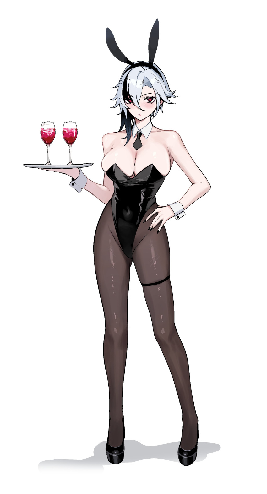 1girl absurdres animal_ears arlecchino_(genshin_impact) black_eyes black_footwear black_hair black_leotard black_nails black_pantyhose blush breasts closed_mouth covered_nipples cup detached_collar drinking_glass fake_animal_ears full_body genshin_impact hair_between_eyes hand_on_own_hip highres holding holding_tray large_breasts leotard looking_at_viewer medium_hair multicolored_hair nail_polish pantyhose playboy_bunny rabbit_ears shadow simple_background skindentation solo standing streaked_hair symbol-shaped_pupils thigh_strap tray white_background white_hair wine_glass wrist_cuffs x-shaped_pupils yamiiv