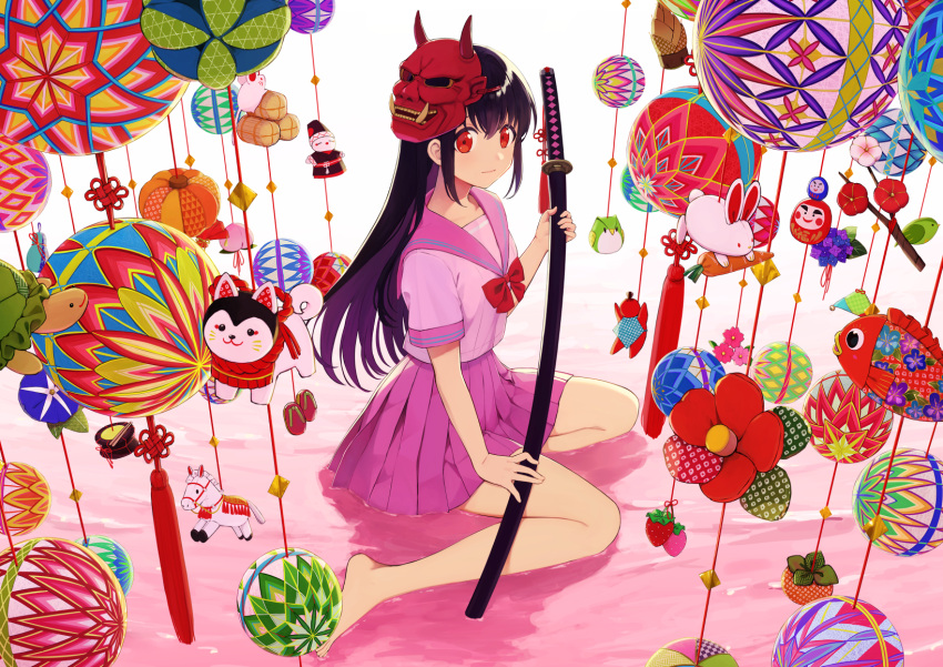 1girl asuka_gin ball bare_legs barefoot black_hair bow bowtie daruma_doll feet food fruit highres holding holding_sword holding_weapon katana legs long_hair looking_at_viewer mask mask_on_head oni_mask original pleated_skirt red_eyes school_uniform serafuku sheath sheathed short_sleeves skirt smile solo strawberry stuffed_animal stuffed_bird stuffed_dog stuffed_fish stuffed_horse stuffed_owl stuffed_rabbit stuffed_toy stuffed_turtle sword tassel temari_ball toes very_long_hair water weapon