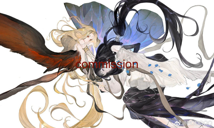 2girls absurdly_long_hair armlet back_cutout bare_shoulders black_gloves black_hair black_wings blonde_hair blue_wings butterfly_wings clothing_cutout commentary commission covering_mouth dress elbow_gloves english_commentary english_text eyelashes feathered_wings gloves grey_ribbon hand_on_own_face highres insect_wings long_dress long_hair looking_at_viewer low_ponytail multiple_girls opood original parted_lips purple_eyes red_eyes simple_background strapless strapless_dress very_long_hair watermark weibo_logo weibo_username white_background white_dress wings