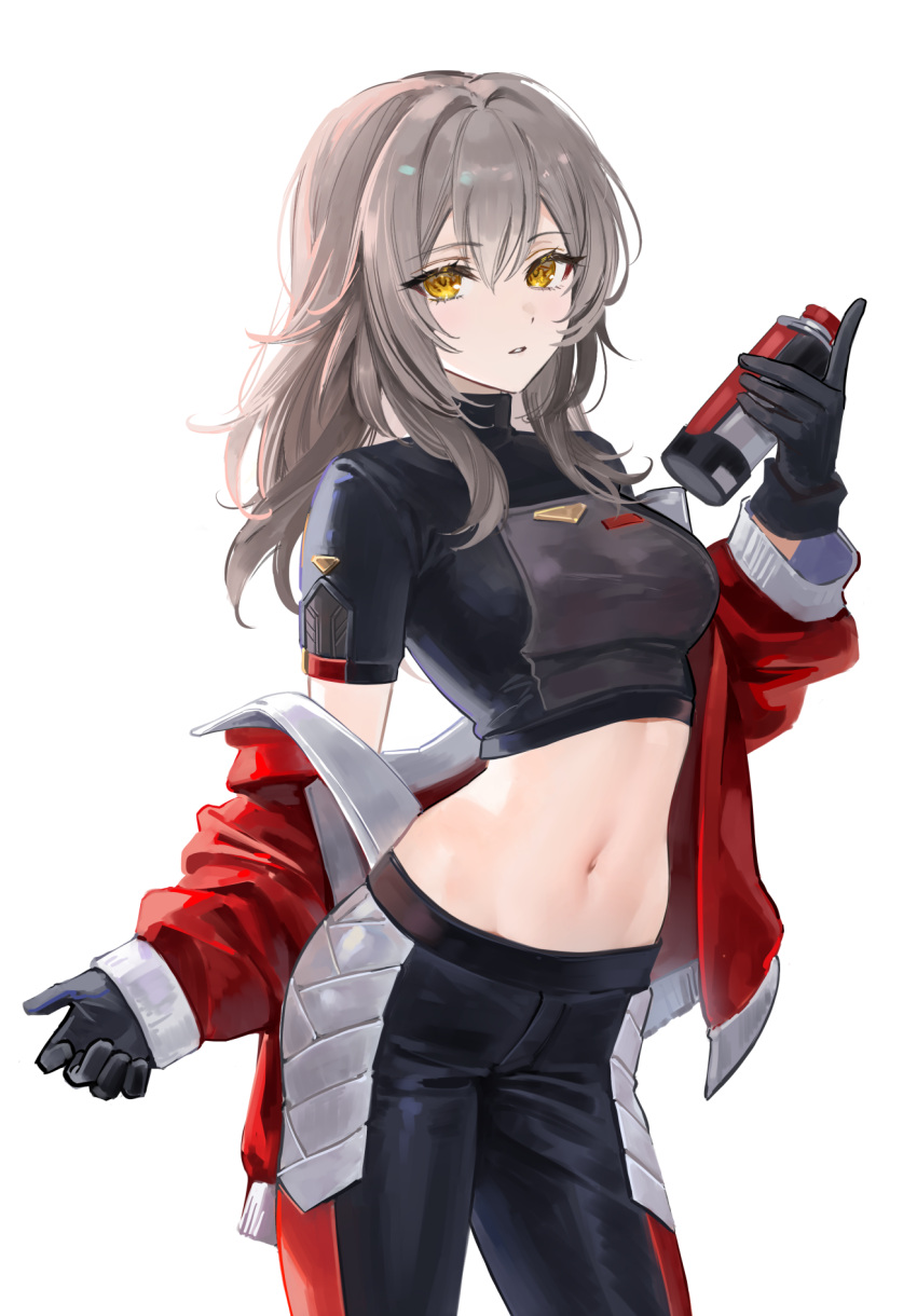 1girl black_gloves breasts commentary crop_top expressionless gloves grey_hair hair_between_eyes helmet highres holding honkai:_star_rail honkai_(series) jacket long_hair long_sleeves looking_at_viewer medium_hair midriff navel official_alternate_costume parted_lips racing_suit rity shirt simple_background solo stelle_(galactic_grand_prix)_(honkai:_star_rail) stelle_(honkai:_star_rail) stomach thighs trailblazer_(honkai:_star_rail) white_background yellow_eyes