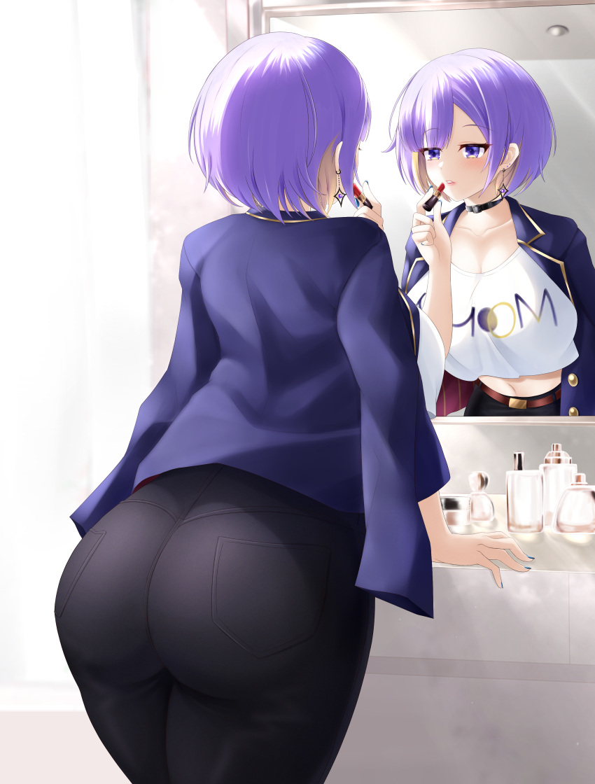 1girl absurdres applying_makeup ass ass_focus bathroom black_pants blonde_hair breasts choker collarbone colored_inner_hair cosmetics crop_top earrings highres hololive hololive_indonesia jacket jewelry large_breasts lipstick lipstick_tube makeup mee_don midriff mirror moona_hoshinova moona_hoshinova_(3rd_costume) multicolored_hair navel official_alternate_costume open_clothes open_jacket pants purple_eyes purple_hair shirt short_hair solo virtual_youtuber white_shirt
