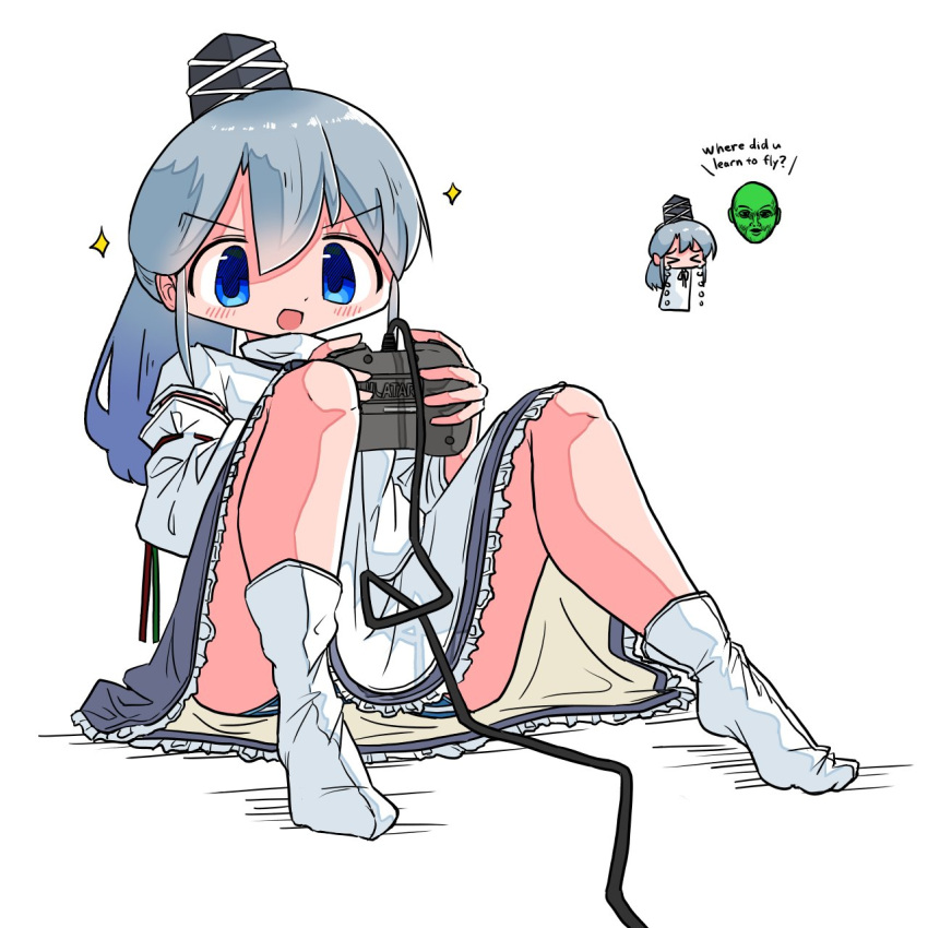 1girl angry_video_game_nerd atari atari_jaguar blue_eyes blue_hair chibi chibi_inset controller crying cybermorph dress excited game_console game_controller highres holding holding_controller holding_game_controller kasuya_baian mononobe_no_futo solo touhou white_background white_dress