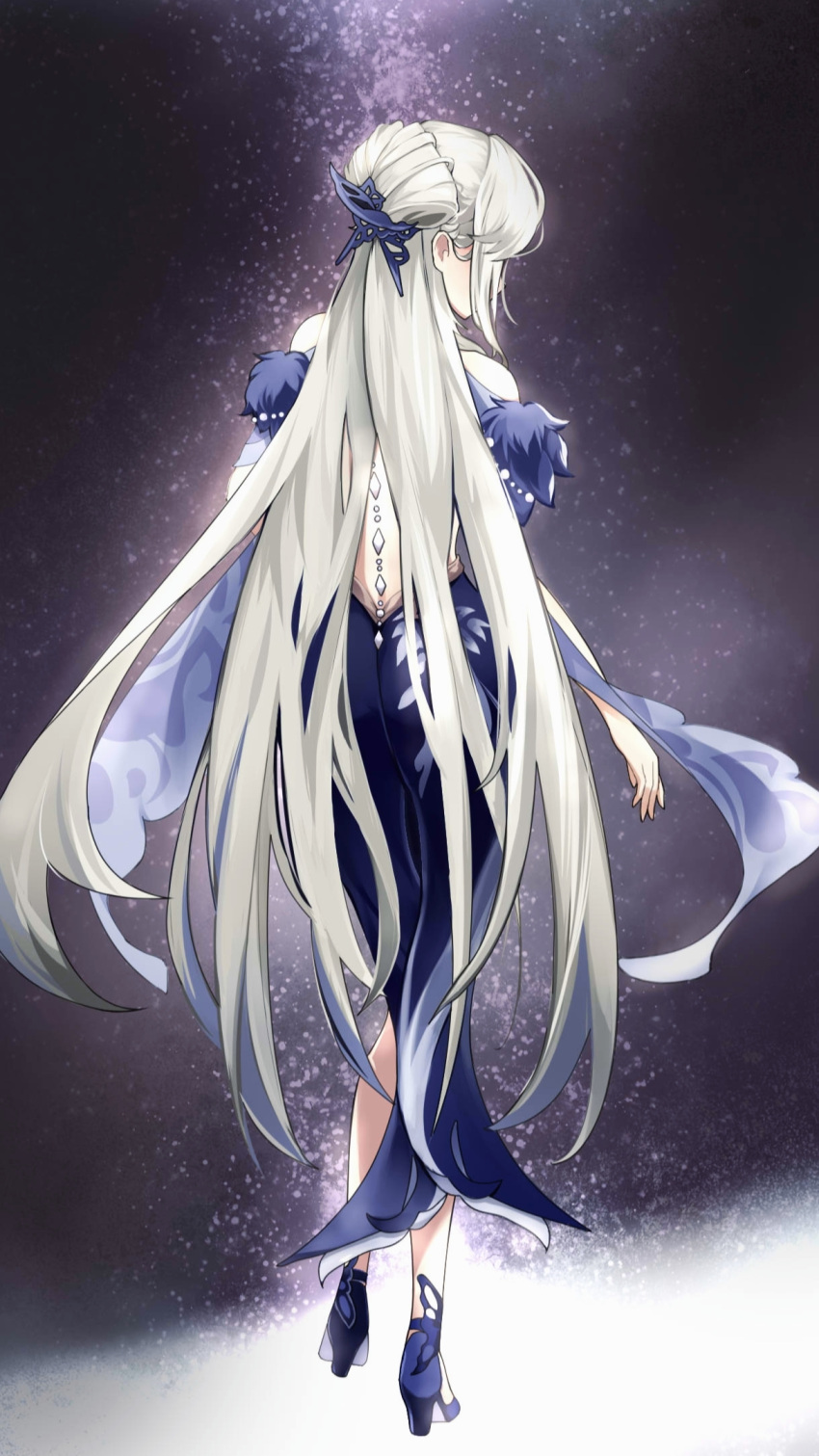 1girl backless_dress backless_outfit blue_dress blue_footwear commentary_request cyan_yang detached_sleeves dress from_behind full_body fur_sleeves genshin_impact high_heels highres long_hair ningguang_(genshin_impact) solo standing very_long_hair white_hair