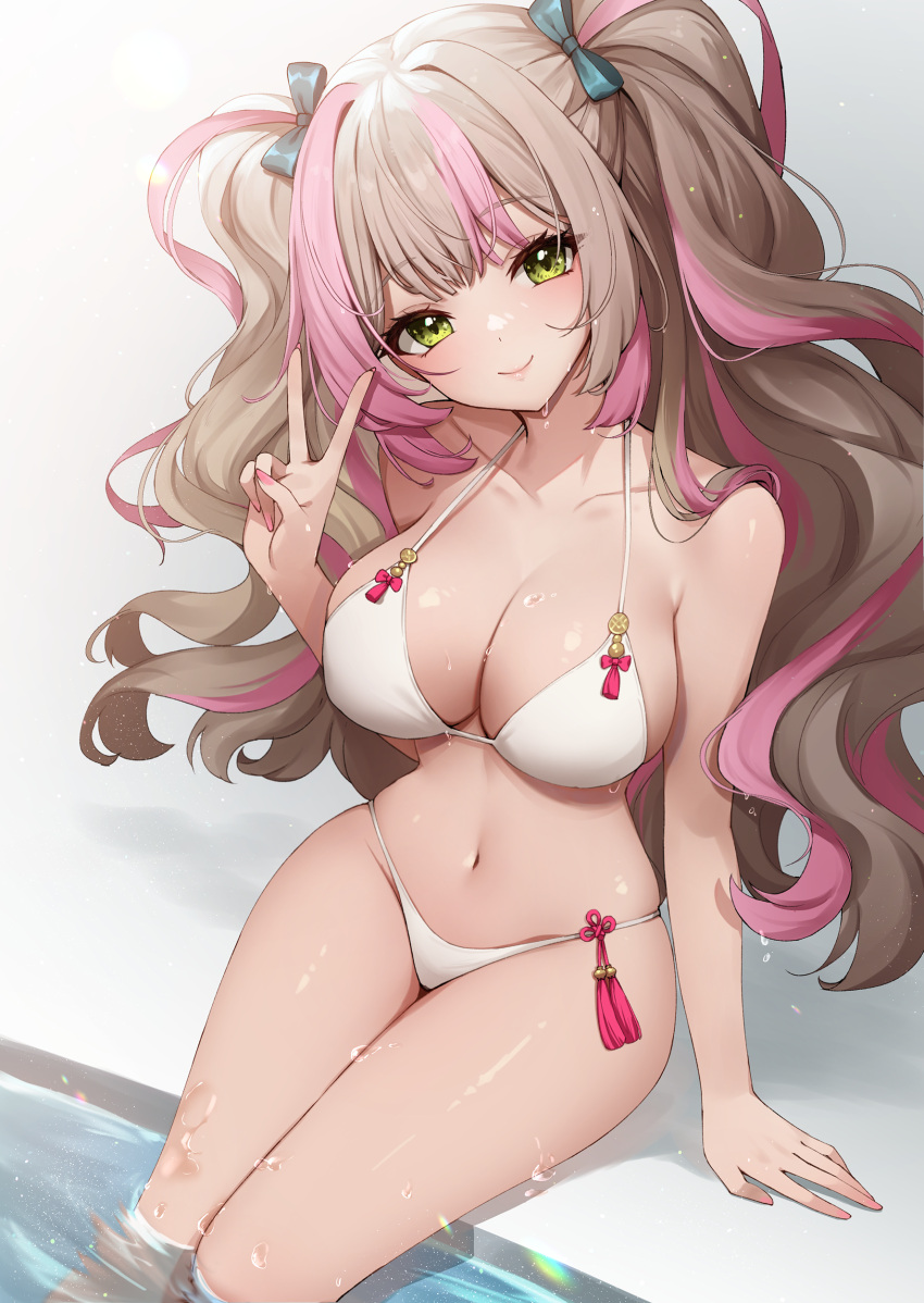 1girl absurdres alternate_costume ankkoyom bare_arms bare_shoulders bikini bow breasts brown_hair cleavage closed_mouth collarbone eversoul green_eyes hair_bow halterneck hand_up head_tilt highres jiho_(eversoul) large_breasts long_hair looking_at_viewer multicolored_hair nail_polish navel pink_hair pink_nails sitting skindentation smile solo stomach strap_gap string_bikini swimsuit thighs two-tone_hair two_side_up v very_long_hair water wet white_bikini