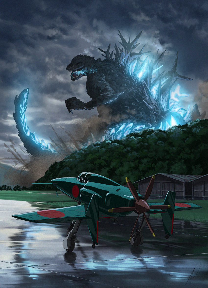 aircraft airplane destruction fighter_plane godzilla godzilla_(series) godzilla_minus_one highres j7w_shinden mac_naut military_vehicle propeller runway scenery tokusatsu wet_floor