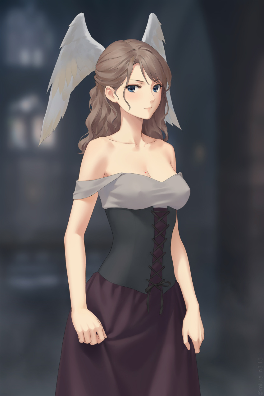 1girl bare_shoulders blue_eyes blurry blurry_background breasts brown_hair collarbone corset covered_nipples dress eunie_(xenoblade) head_wings highres long_hair looking_at_viewer medium_breasts miura-n315 solo strapless strapless_dress wings xenoblade_chronicles_(series) xenoblade_chronicles_3