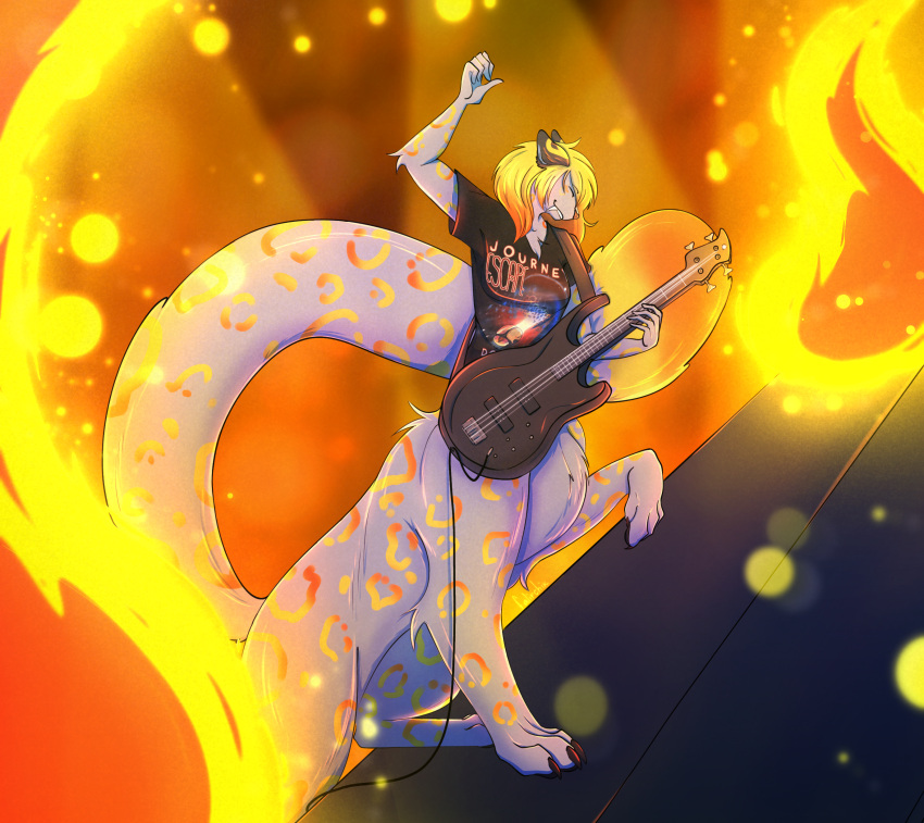2024 5_fingers 5_toes absurd_res ambiguous_gender belly big_tail black_claws black_guitar black_stage blonde_hair bottomless breasts brown_ears chakat claws clothed clothing escape_(journey_album) eyes_closed falirchik fangs feet felid felid_taur fingers fire fire_background firestripe_(tingle71) fur grey_belly grey_body grey_fur guitar guitarist hair herm_(lore) hi_res holding_guitar huge_tail journey_(band) leopard leopard_spots leopard_taur mammal mammal_taur musical_instrument on_stage orange_hair orange_leopard_spots orange_rings_(pattern) orange_rosettes orange_tail_tip pantherine pantherine_taur paws pillow playing_guitar playing_music plucked_string_instrument raised_paw red_hair ring_spots rock_(genre) sabertooth_(anatomy) shirt shirt_only signature small_breasts solo spots stage string_instrument t-shirt t-shirt_only tail taur teeth toes topwear topwear_only tuft white_inner_ear