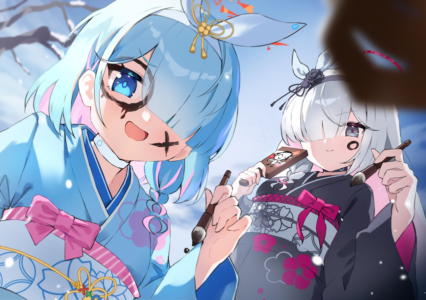 2girls arona_(blue_archive) bare_tree black_choker black_kimono blue_archive blue_eyes blue_hair blue_kimono blue_pupils bow bow_hairband braid breasts choker cloud cloudy_sky colored_inner_hair facepaint floral_print_kimono grey_eyes hair_over_one_eye hairband halo hand_up hands_up highres holding holding_paintbrush japanese_clothes kimono light_blue_hair long_hair long_sleeves looking_at_viewer multicolored_hair multiple_girls nitoron obi obiage obijime open_mouth outdoors paintbrush pink_bow pink_hair pink_halo pink_pupils plana_(blue_archive) pov red_pupils sash short_hair single_braid sky small_breasts smile snow tree white_choker white_hair white_hairband winter x