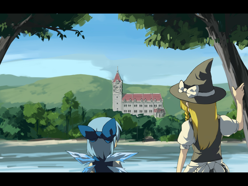 blonde_hair blue_hair cirno from_behind hat kirisame_marisa kitsune_(kazenouta) lake landscape letterboxed looking mansion misty_lake multiple_girls ribbon scarlet_devil_mansion scenery touhou tree water witch_hat