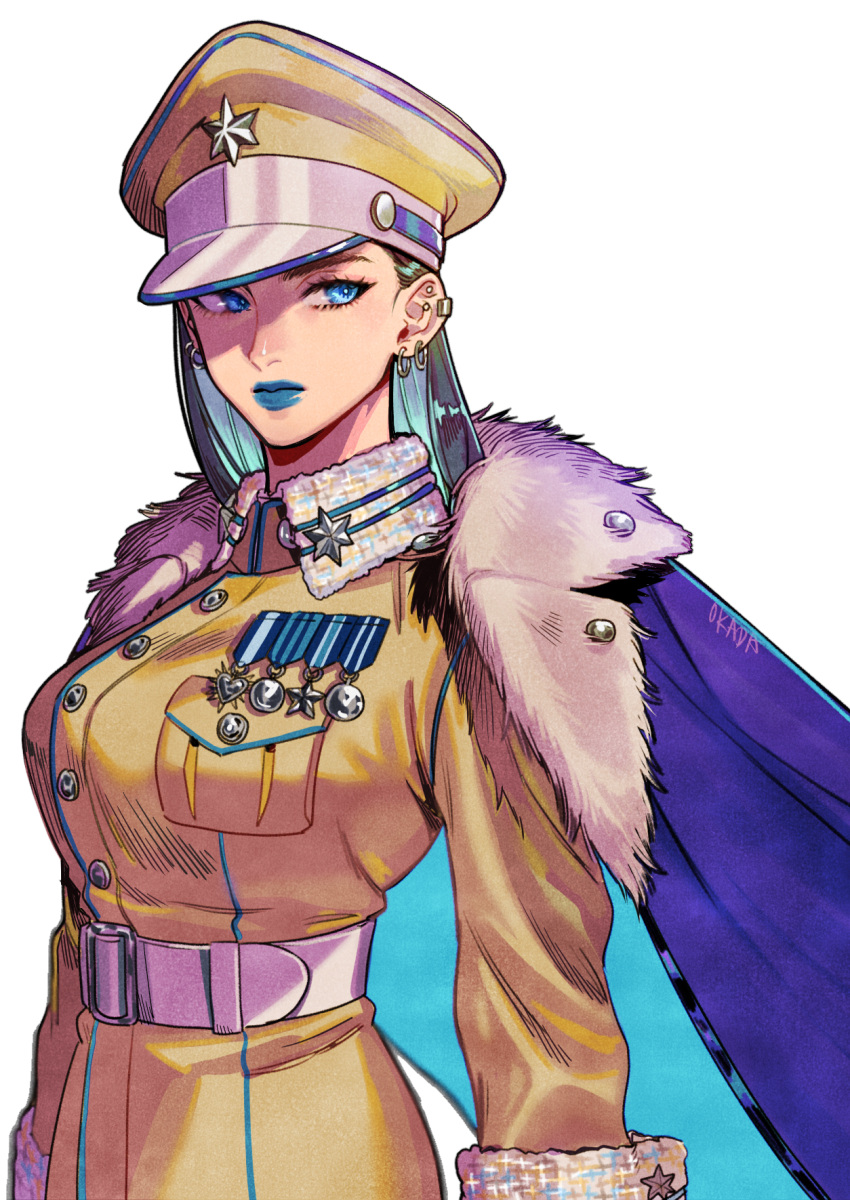 1girl arms_at_sides belt blue_cape blue_eyes blue_hair blue_lips breasts cape closed_mouth earclip earrings from_side fur-trimmed_cape fur_trim hair_behind_ear hat hat_ornament heart highres jacket jewelry large_breasts lipstick long_sleeves looking_at_viewer makeup medal military_uniform okada_(hoooojicha) original peaked_cap sideways_glance solo star_(symbol) star_hat_ornament straight_hair uniform upper_body yellow_headwear yellow_jacket