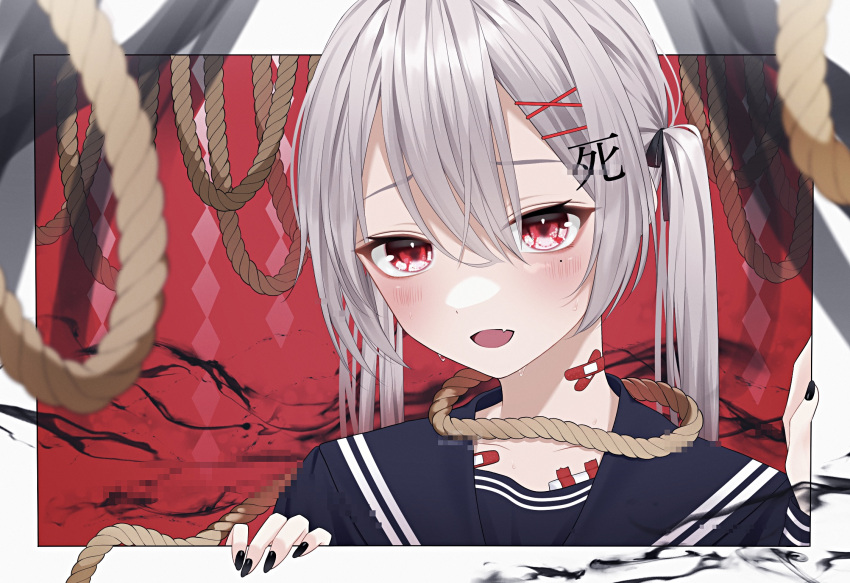 1girl bandaid bandaid_on_neck blush commentary fang grey_hair hair_ornament hair_ribbon hairclip highres long_hair looking_at_viewer mole mole_under_eye nail_polish noose open_mouth original outside_border red_eyes ribbon school_uniform serafuku smile solo symbol-only_commentary translation_request twintails upper_body wanko_(yurika0320) x_hair_ornament