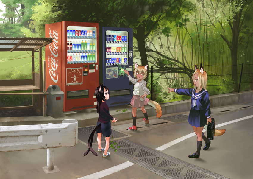 animal_ears bag black_hair blonde_hair blush cat_ears child fox_ears glasses guard_rail multiple_girls multiple_tails nekomata original outdoors road sakenotorii scenery school_bag school_uniform serafuku street tail tan trash_can tree vending_machine