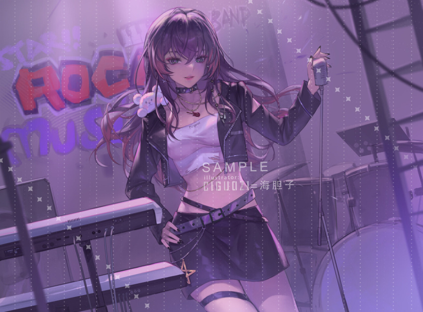 1girl belt black_choker black_skirt blue_eyes character_request choker copyright_request cowboy_shot cropped_jacket drum drum_set fengyin_shici_guozi graffiti hand_on_own_hip instrument jacket long_hair long_sleeves midriff miniskirt navel open_clothes open_jacket parted_lips purple_hair sample_watermark skirt smile solo standing stomach strapless thigh_strap thighs tube_top very_long_hair watermark