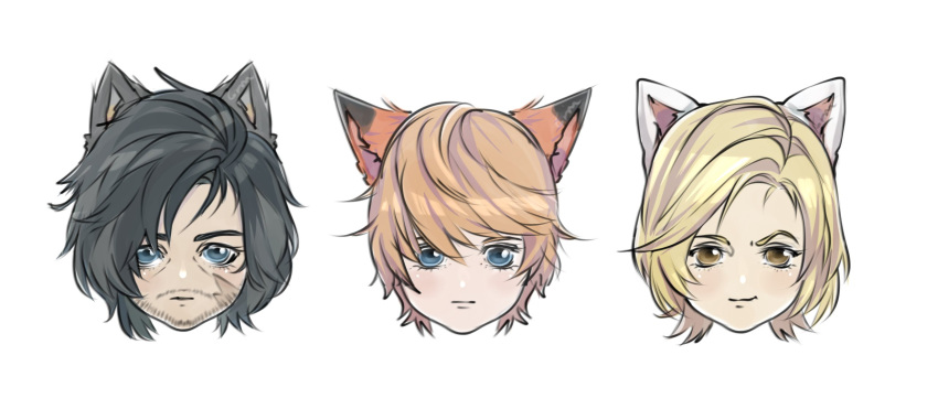 animal_ears beard_stubble black_hair blonde_hair brothers cat_ears chibi clive_rosfield dion_lesage final_fantasy final_fantasy_xvi fox_ears grimdraaaws highres joshua_rosfield kitsune red_hair siblings tri-disaster wolf_ears