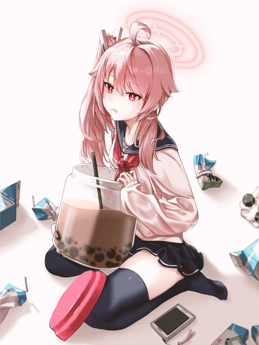 1girl absurdres ahoge black_sailor_collar black_skirt black_thighhighs blue_archive blush cardigan cellphone closed_mouth drink drinking_straw gen_(hirokaz02) halo highres long_hair long_sleeves milk_carton natsu_(blue_archive) neckerchief phone pink_hair pink_halo pleated_skirt red_eyes red_neckerchief sailor_collar side_ponytail skirt smartphone solo thighhighs white_cardigan