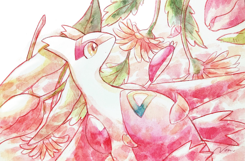 claws closed_mouth colored_skin commentary_request highres latias multicolored_skin no_humans non_(kumakawayusu) plant pokemon pokemon_(creature) red_skin two-tone_skin white_background white_skin wings yellow_eyes