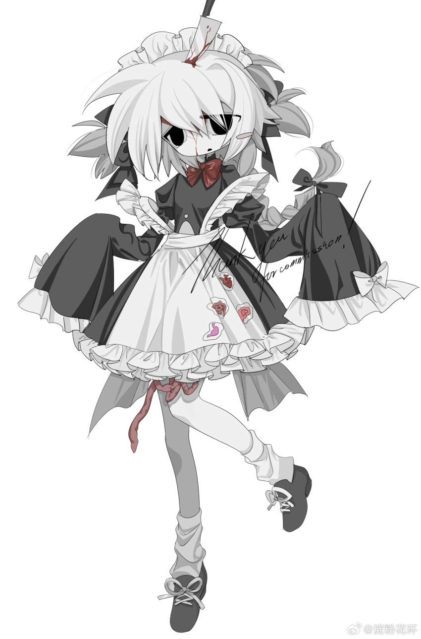 1girl apron black_eyes blood blood_on_face blood_on_knife bow bowtie braid commission dress frilled_dress frills full_body highres intestines juliet_sleeves knife long_sleeves maid_apron maid_headdress meyou_0319 original puffy_sleeves red_bow red_bowtie solo standing standing_on_one_leg sticker white_hair