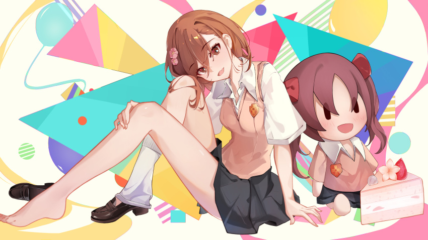 1girl a_certain_high_school_uniform absurdres black_skirt breasts brown_eyes brown_hair brown_sweater_vest cake cake_slice character_doll collared_shirt daqi_sama fang flower food hair_ornament hand_on_ground hand_on_leg highres looking_at_viewer misaka_mikoto open_mouth school_emblem school_uniform shirai_kuroko shirt shoes short_hair short_sleeves single_shoe skin_fang skirt smile solo summer_uniform sweater_vest toaru_kagaku_no_railgun toaru_majutsu_no_index tokiwadai_school_uniform white_shirt