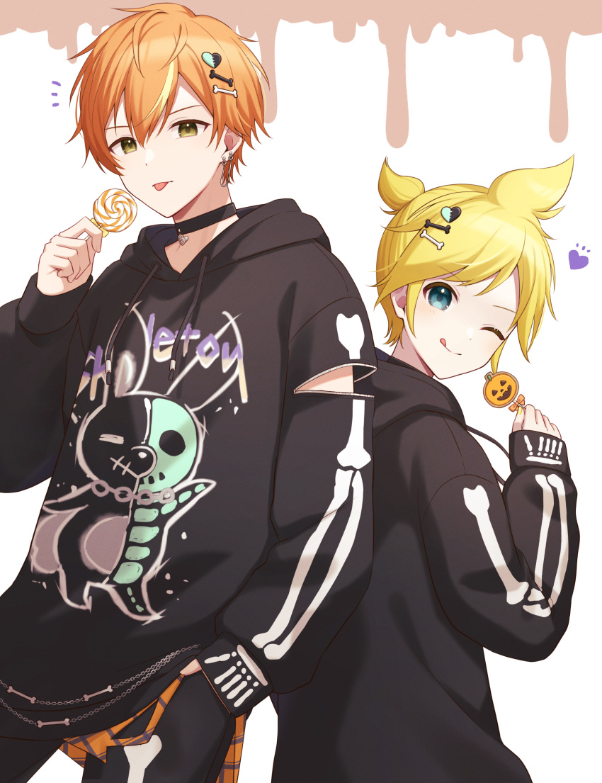 2boys absurdres animal_print back-to-back blonde_hair blue_eyes bone_hair_ornament candy choker commentary dripping earrings food green_eyes hair_ornament halloween hand_in_pocket heart heart_hair_ornament highres holding holding_candy holding_food holding_lollipop hood hoodie jewelry kagamine_len lollipop long_sleeves looking_at_viewer looking_back male_focus multicolored_hair multiple_boys one_eye_closed orange_hair plaid plaid_shirt ponytail print_hoodie project_sekai rabbit_print shinonome_akito shirt skeleton_print sleeves_past_wrists smile streaked_hair swirl_lollipop symbol-only_commentary teneko02 tongue tongue_out torn_clothes torn_shirt vocaloid