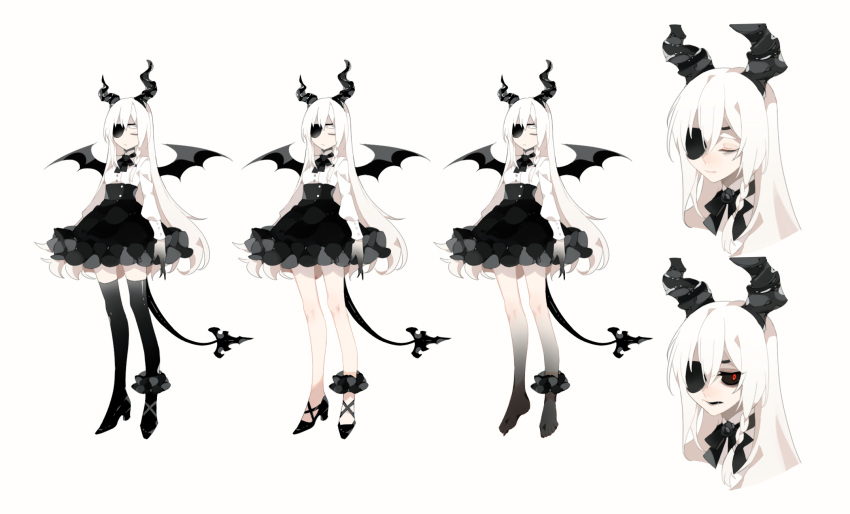 1girl ankle_garter ankleband arms_at_sides barefoot bat_wings black_bow black_bowtie black_eyes black_footwear black_horns black_lips black_sclera black_skirt black_tail black_thighhighs black_wings bow bowtie braid claws closed_eyes closed_mouth colored_sclera demon_girl demon_tail eyepatch fang fang_out hair_between_eyes high-waist_skirt high_heels highres horns legband long_hair long_sleeves miniskirt monster_girl multiple_views one_eye_covered original parted_lips red_pupils shoes side_braid simple_background single_braid skirt somalia sweater tail thighhighs white_background white_hair white_sweater wings