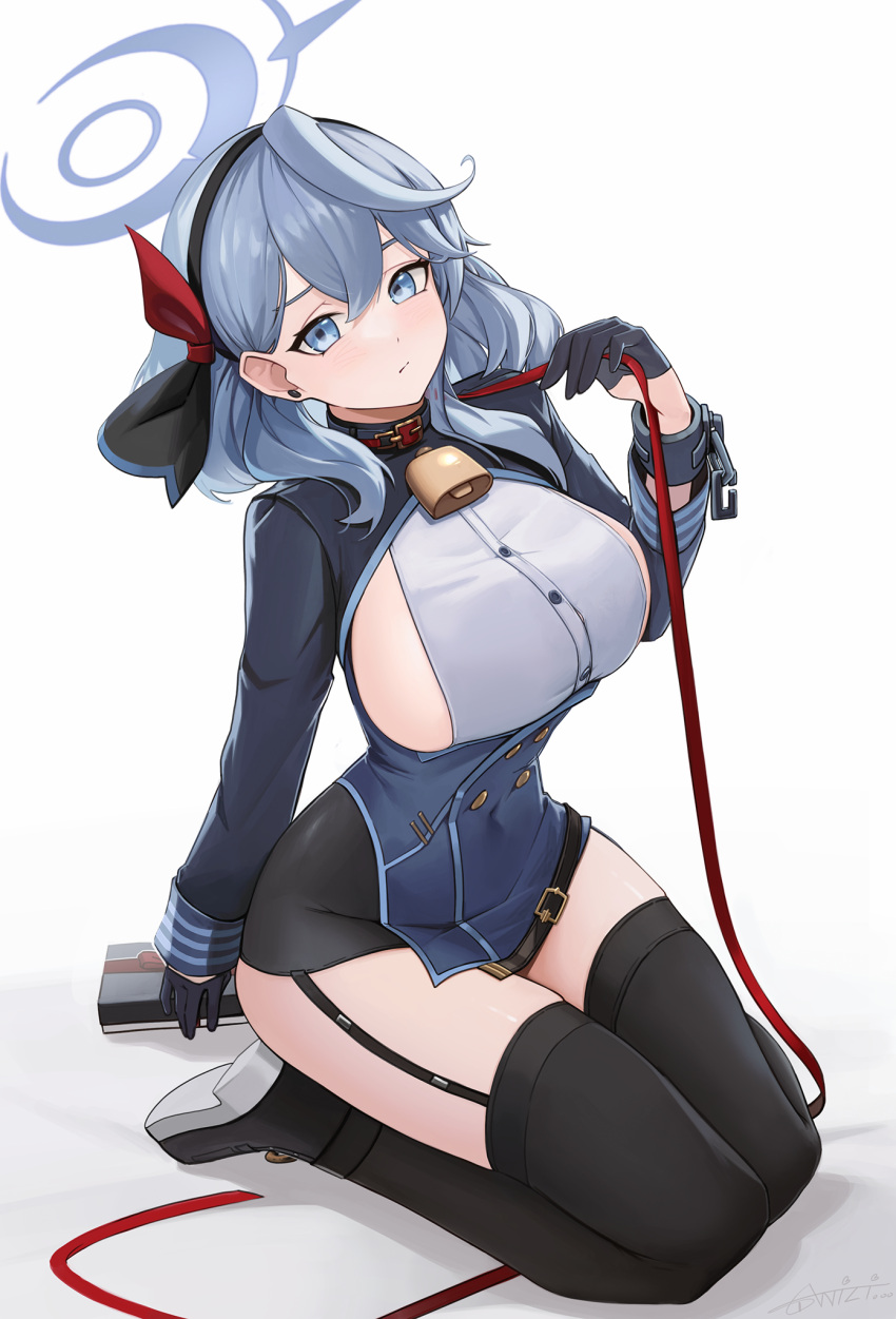 1girl ahoge ako_(blue_archive) anizi bell black_footwear black_gloves black_thighhighs blue_archive blue_eyes blue_hair blue_jacket breasts buttons closed_mouth collar cowbell cuffs double-breasted earrings garter_straps gloves hairband half_gloves halo hand_up handcuffs highres jacket jewelry large_breasts leash long_hair long_sleeves looking_at_viewer seiza shirt shoes side_slit sideboob simple_background sitting skindentation sleeveless sleeveless_shirt solo stud_earrings thighhighs thighs white_background white_shirt