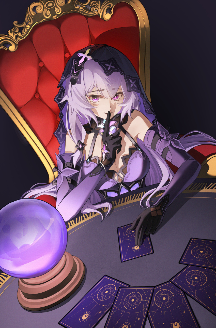 1girl absurdres bare_shoulders black_gloves black_swan_(honkai:_star_rail) breasts card chair cleavage commentary_request crystal_ball dress elbow_gloves gloves highres honkai:_star_rail honkai_(series) long_hair looking_at_viewer medium_breasts purple_dress purple_eyes purple_hair solo table upper_body veil yeyiye_(2954504619)