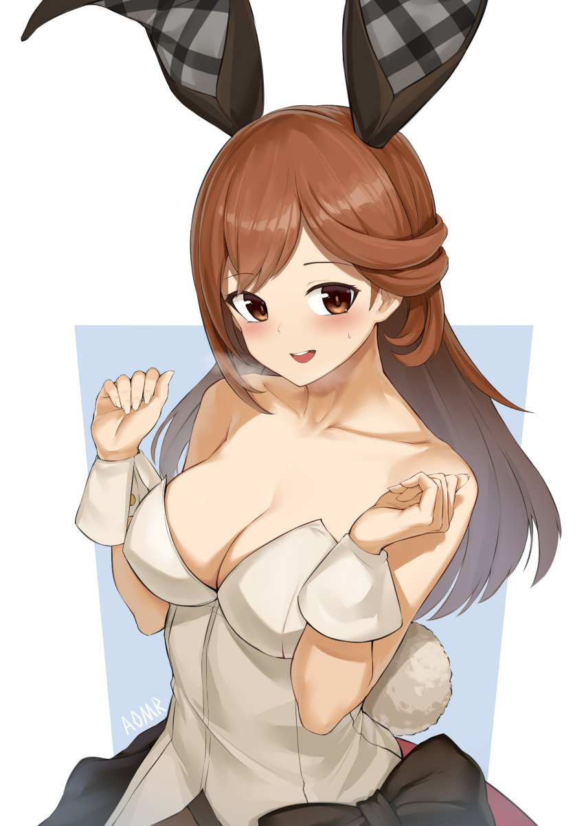 1girl alice_gear_aegis animal_ears aomoro blush bow breasts brown_eyes brown_hair cleavage collar collarbone detached_collar highres large_breasts leotard long_hair looking_at_viewer open_mouth playboy_bunny rabbit_ears rabbit_tail red_bow solo steaming_body strapless strapless_leotard tail usamoto_anna vorpal_bunny white_collar white_leotard wrist_cuffs