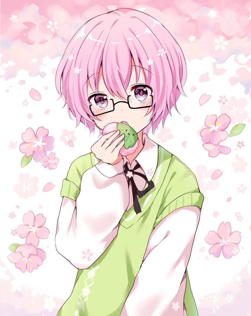 1girl androgynous blush cherry_blossoms collared_shirt commission eating fang flower food glasses hair_flower hair_ornament highres holding holding_food imminent_bite kokoshira_0510 long_sleeves looking_at_viewer neck_ribbon open_mouth original petals pink_eyes pink_hair ribbon sakura_mochi shirt short_hair skeb_commission solo sweater_vest wagashi