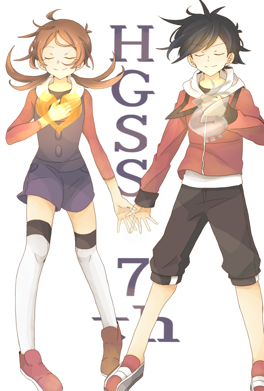 1boy 1girl artist_request black_pants blue_overalls blush brown_hair closed_eyes ethan_(pokemon) floating_hair hand_on_own_chest hand_over_heart heart_on_chest highres jacket long_hair long_sleeves lyra_(pokemon) non-web_source overalls pants pokemon pokemon_hgss red_footwear red_jacket red_shirt shirt short_hair smile source_request thighhighs twintails white_background white_thighhighs