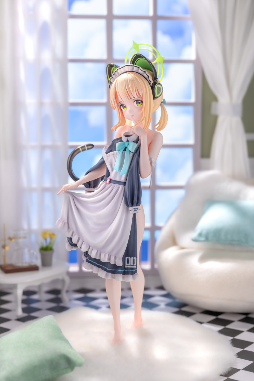1girl absurdres animal_ear_headphones animal_ears apron baihuzi_cb barefoot blonde_hair blue_archive blush cat_ear_headphones closed_mouth commentary_request curtains day dress fake_animal_ears figure full_body green_eyes halo headphones highres holding holding_clothes holding_dress indoors looking_at_viewer maid maid_apron maid_headdress midori_(blue_archive) midori_(maid)_(blue_archive) nemo_(leafnight) nude official_alternate_costume photo_(medium) short_twintails solo tail tile_floor tiles twintails unworn_clothes window